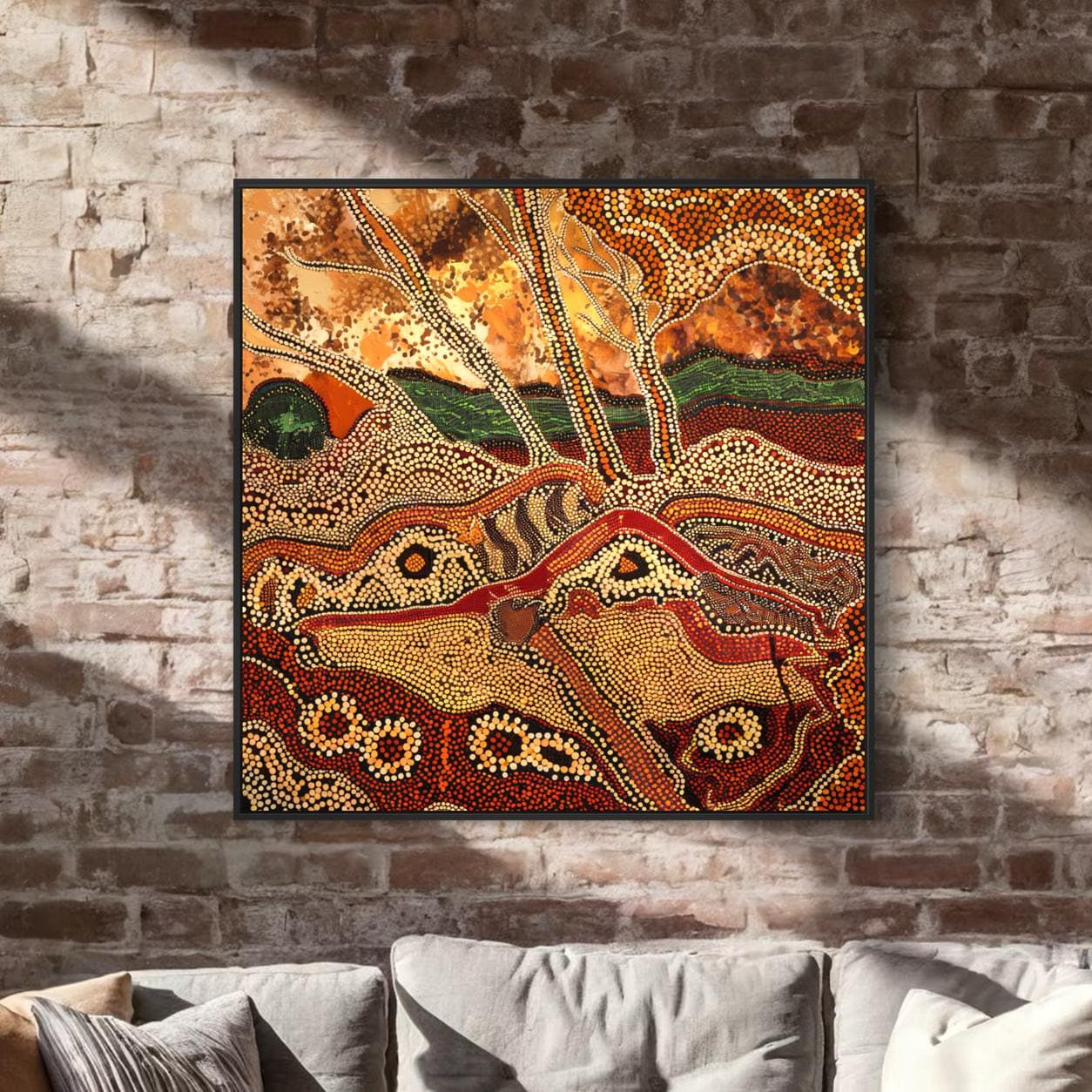 Dreaming Landscape Aboriginal dot painting printable in earthy tones framed on exposed brick wall above grey sofa with cushions