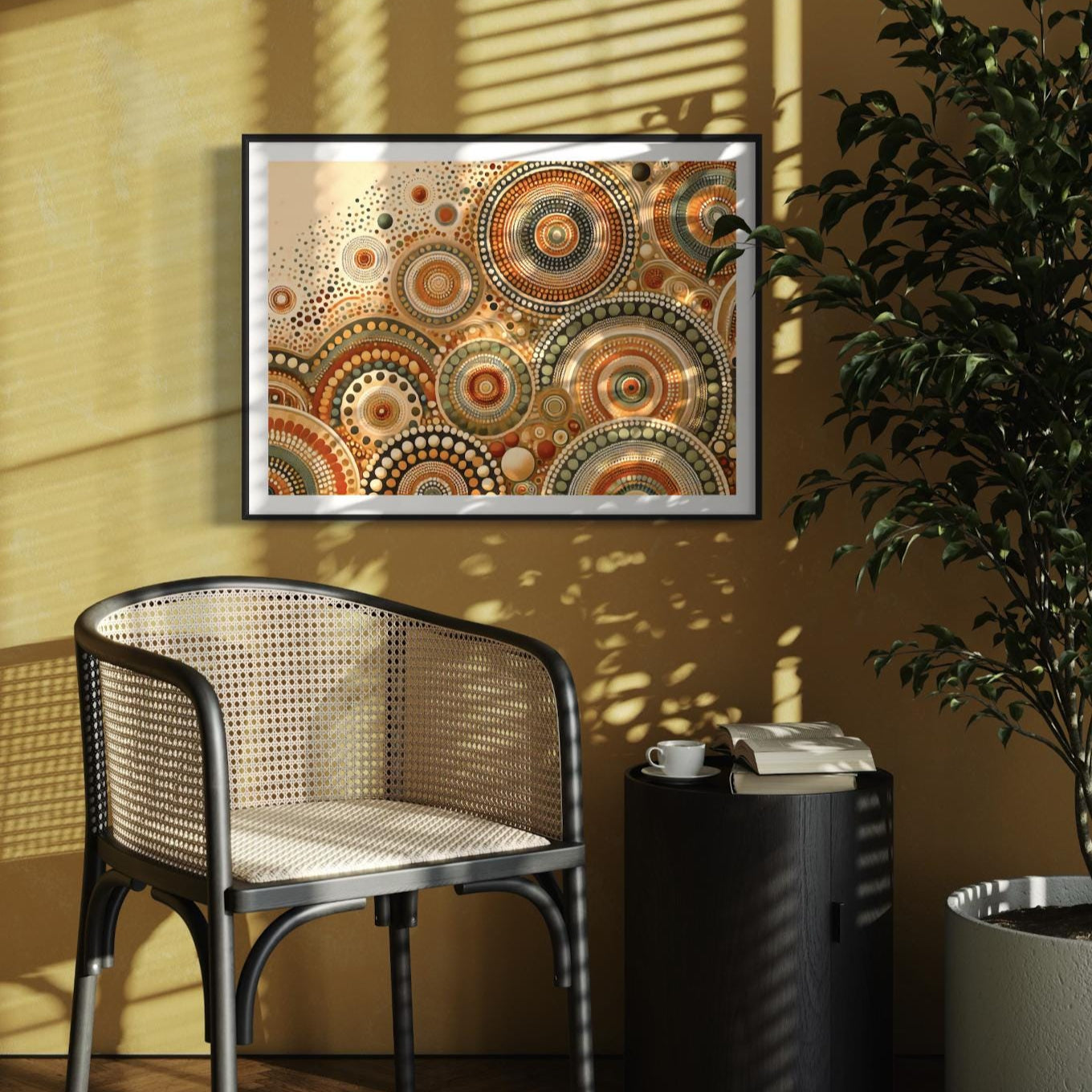 Pirlirrpa Aboriginal dot painting printable in earthy tones framed on mustard wall with woven chair, black side table, and potted plant decor