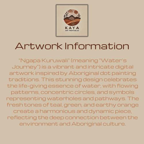 Ngapa Kuruwali Aboriginal dot painting artwork information sheet with Kaya Art Printables logo and water’s journey cultural description
