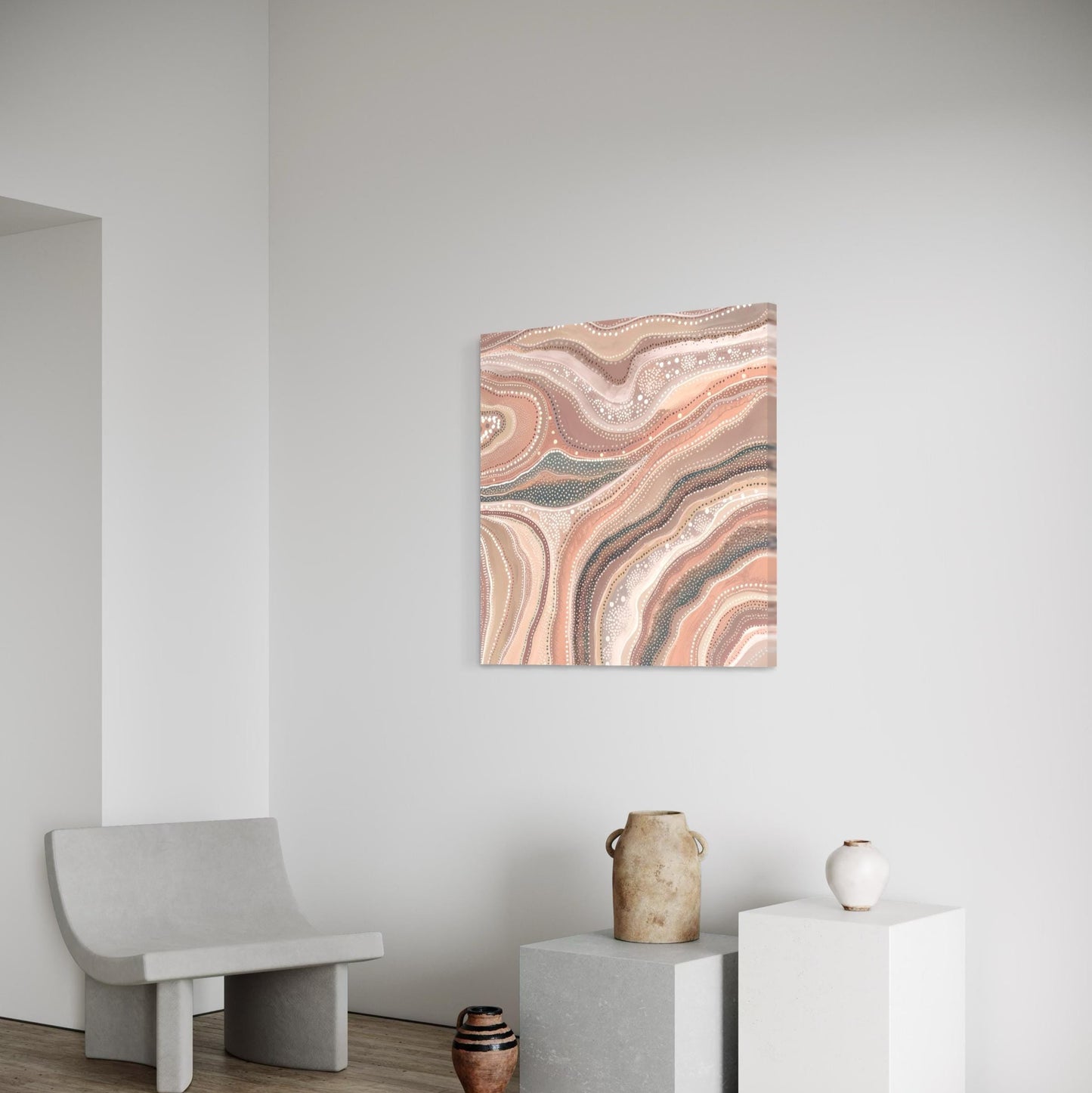 Marrinpa Aboriginal dot painting printable in earthy neutrals displayed on white wall with pottery decor and minimalist grey chair