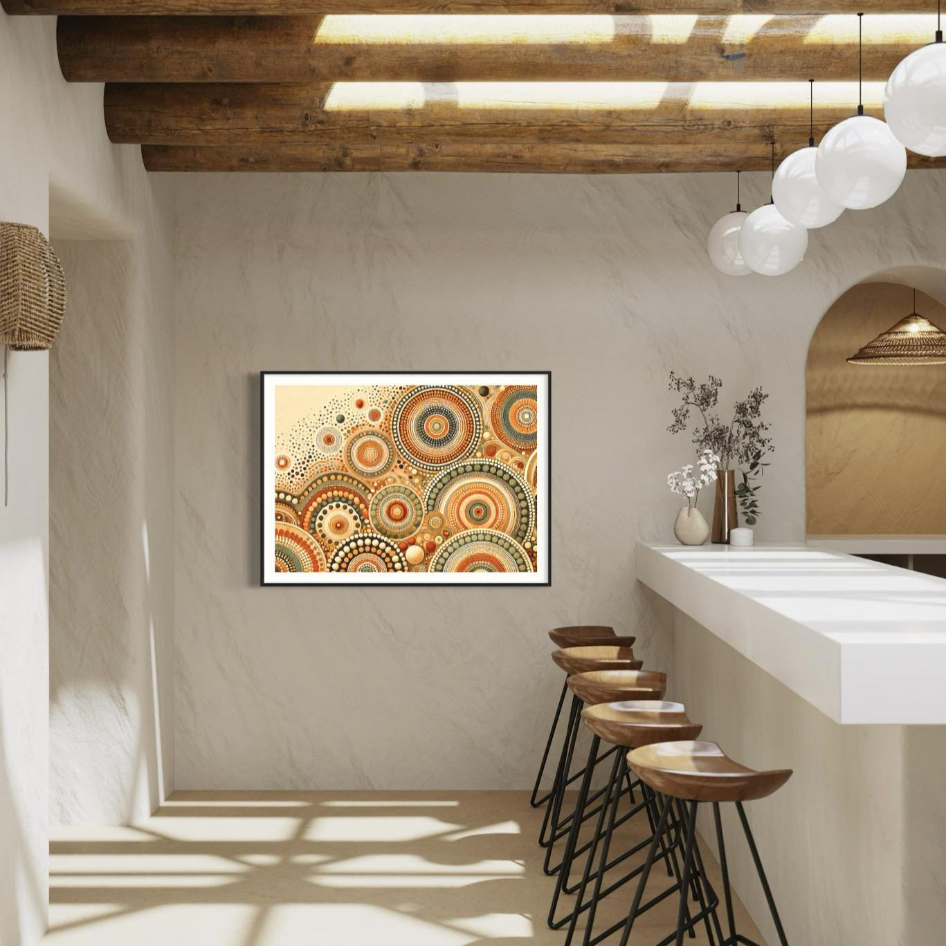 Pirlirrpa Aboriginal dot painting printable in earthy tones framed on textured wall beside white bar counter with wooden stools and beam ceiling