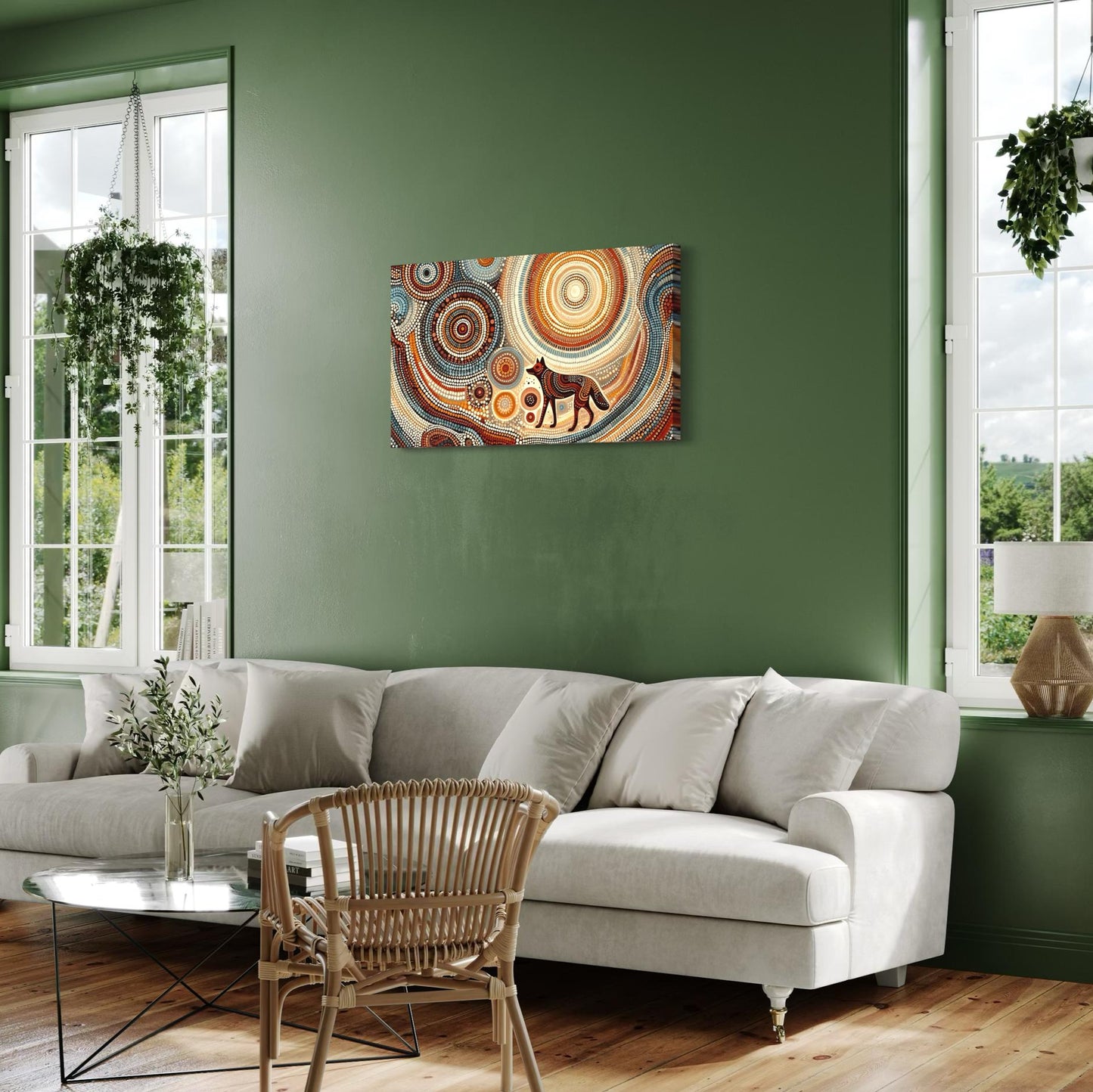 Dharra Dingo Aboriginal dot painting print in ochres and browns, displayed above a black shelf with a vase of olive branches.