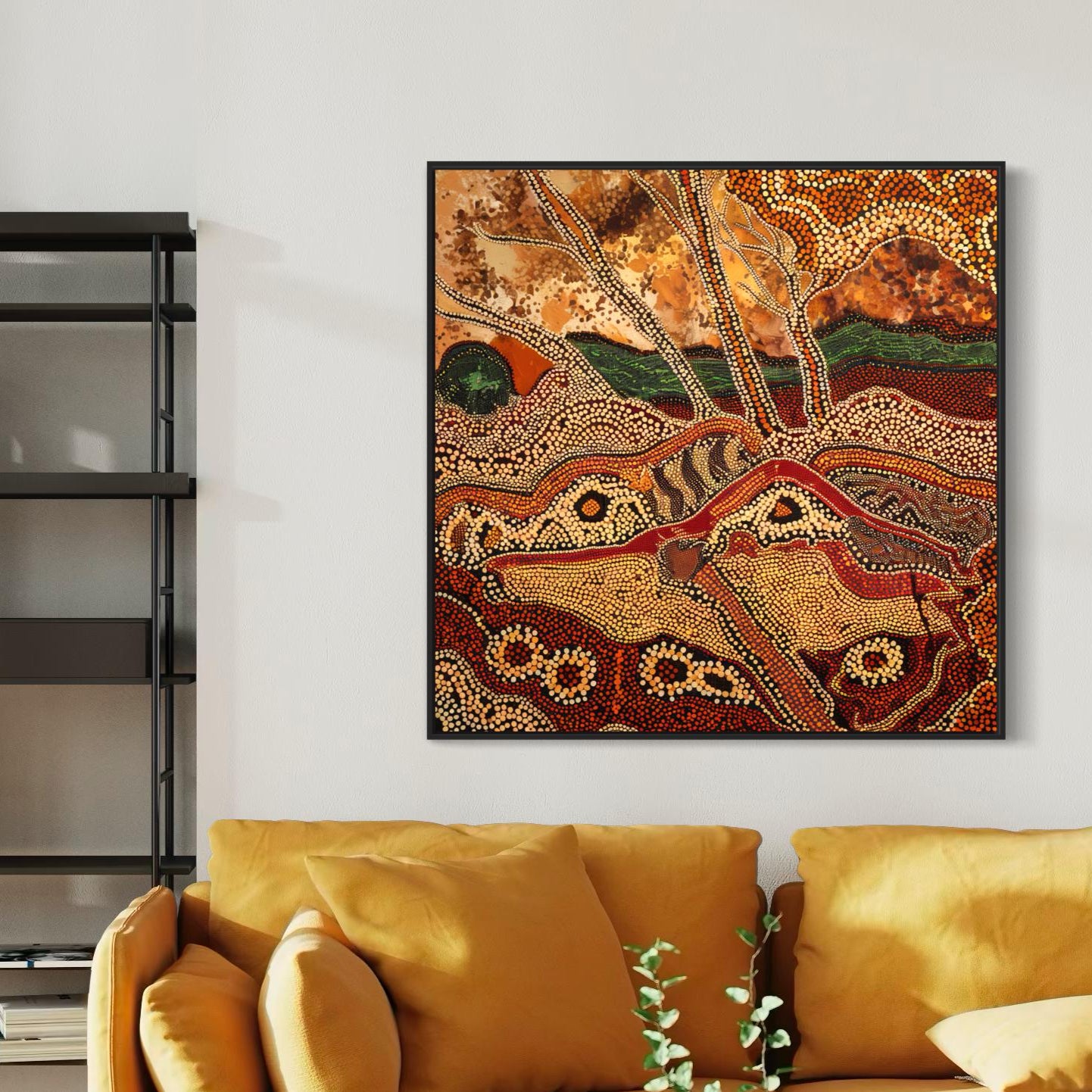 Dreaming Landscape Aboriginal dot painting printable in earthy tones framed on light wall above mustard sofa with cushions and shelving decor