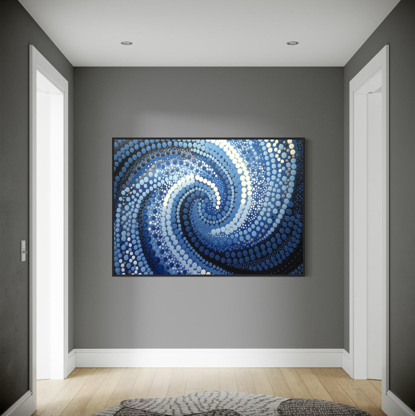Garran Wurali Aboriginal dot painting printable in ocean blues displayed in modern hallway with grey walls and light wood flooring