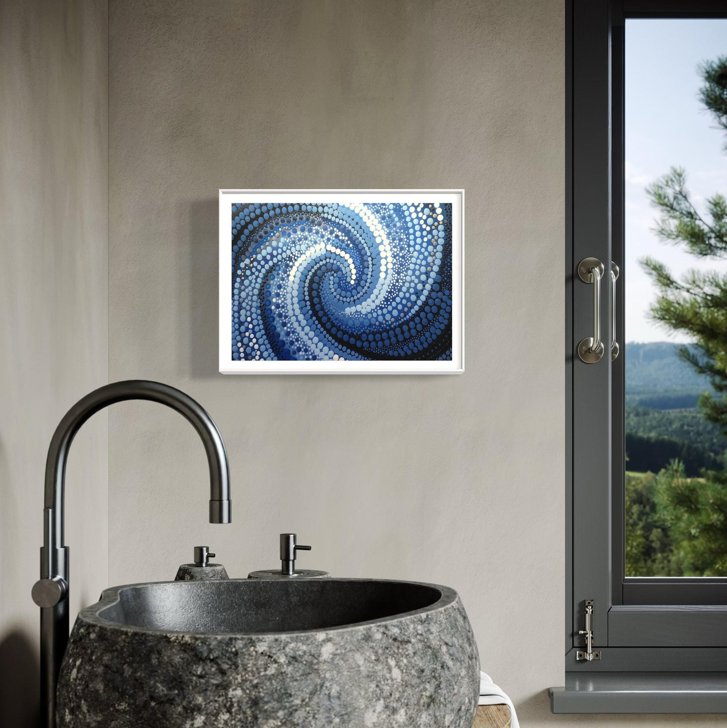 Garran Wurali Aboriginal dot painting printable in ocean blues framed on neutral wall above stone basin sink beside window with outdoor view