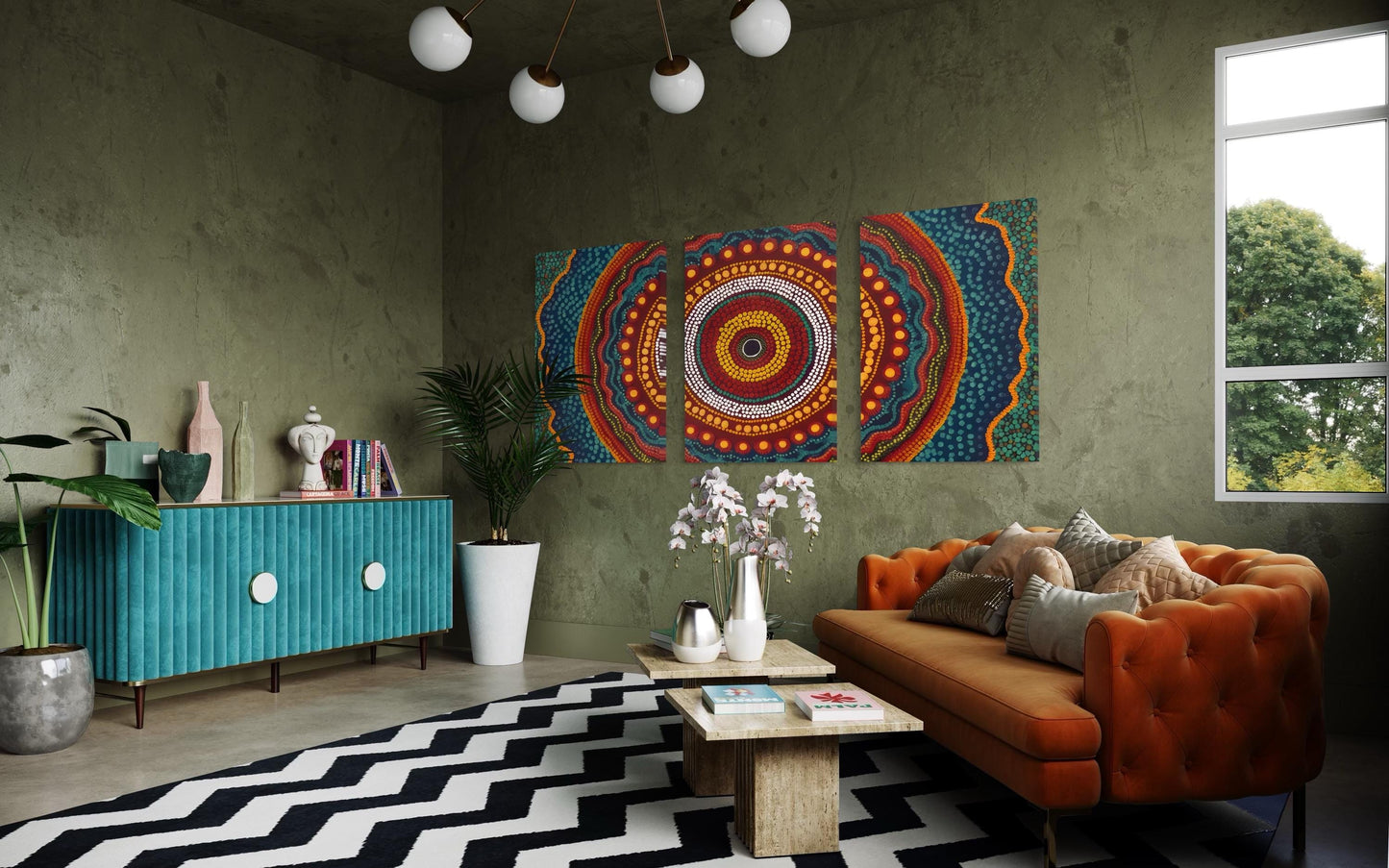 Aboriginal Dot Painting Downloadable Print – Yarrila Radiance Triptych (Sunlight Story) | Modern Wall Decor | Multi-Ratio Vertical Art