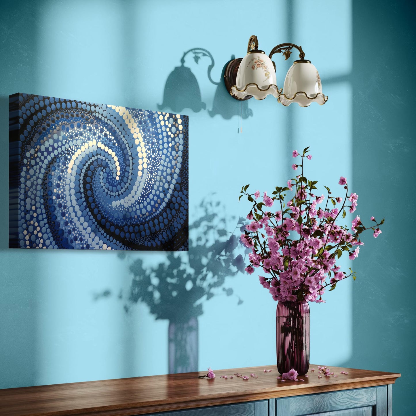 Garran Wurali Aboriginal dot painting printable in ocean blues displayed on soft blue wall above wooden console with pink blossom vase decor