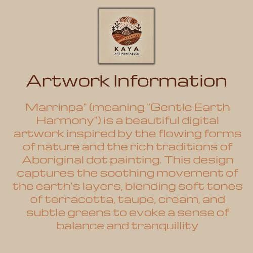 Marrinpa Aboriginal dot painting artwork information sheet with Kaya Art Printables logo and gentle earth harmony cultural description