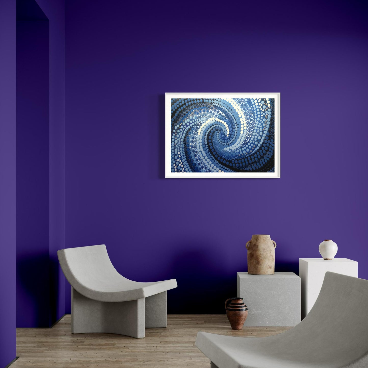 Garran Wurali Aboriginal dot painting printable in ocean blues framed on deep purple wall with minimalist grey chairs and pottery decor