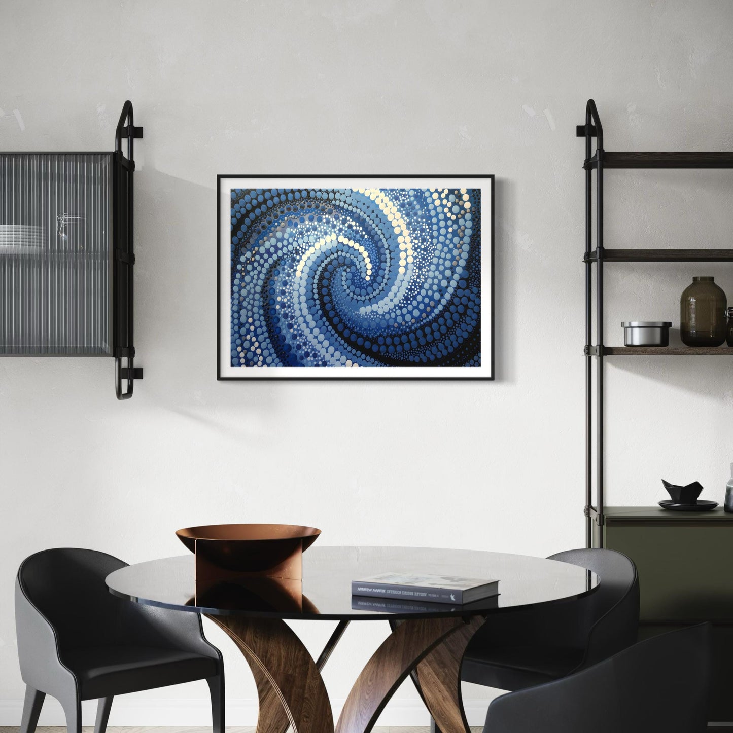 Garran Wurali Aboriginal dot painting printable in ocean blues framed above glass dining table with black chairs and industrial shelving decor