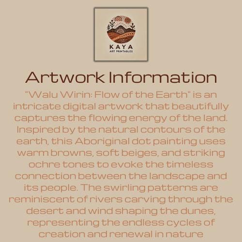 Walu Wirin Aboriginal dot painting artwork information card, describing the flowing energy of the land, warm earth tones, and symbolic connections between landscape and people.