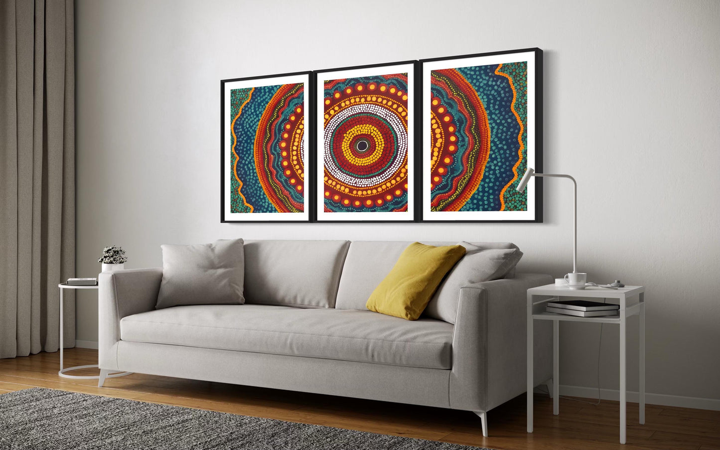 Aboriginal Dot Painting Downloadable Print – Yarrila Radiance Triptych (Sunlight Story) | Modern Wall Decor | Multi-Ratio Vertical Art