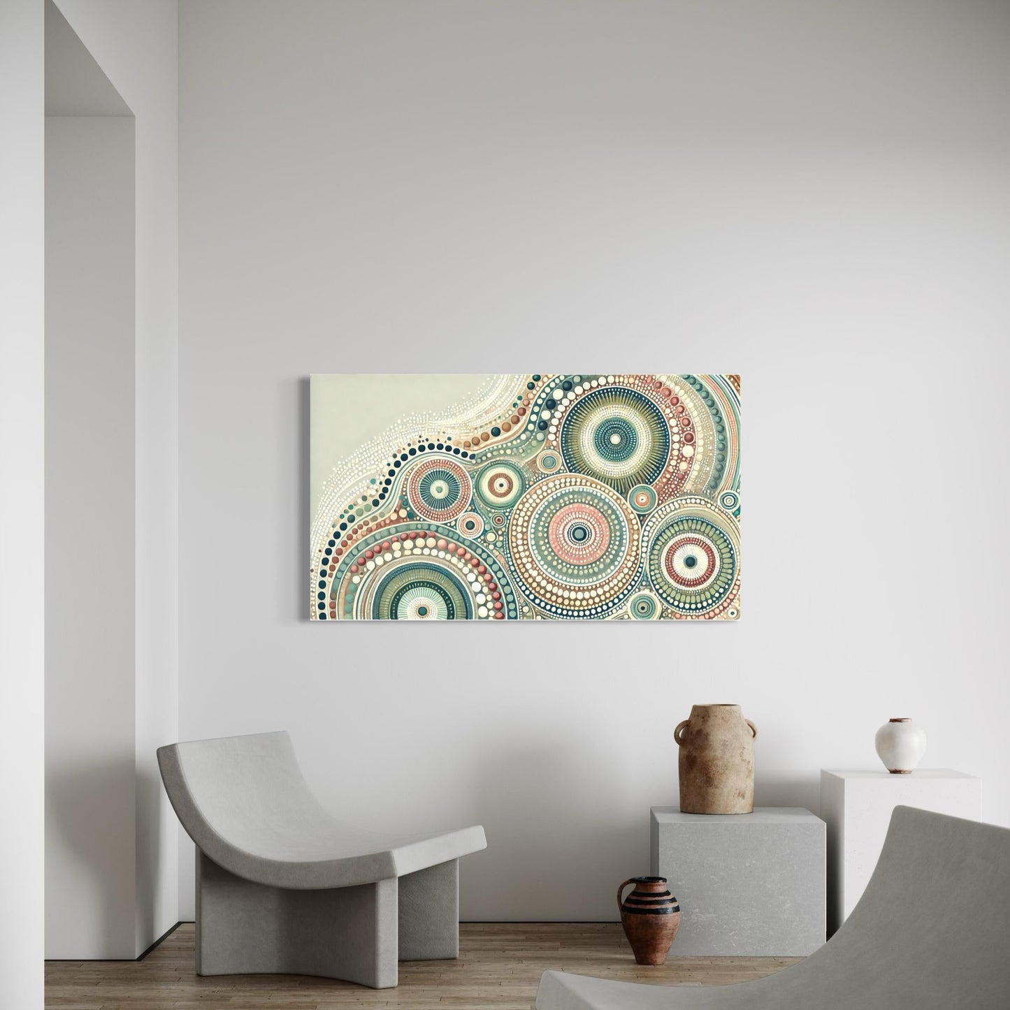 Yirrarn Aboriginal dot painting printable in pastel earth tones displayed unframed on light grey wall in minimalist boho room
