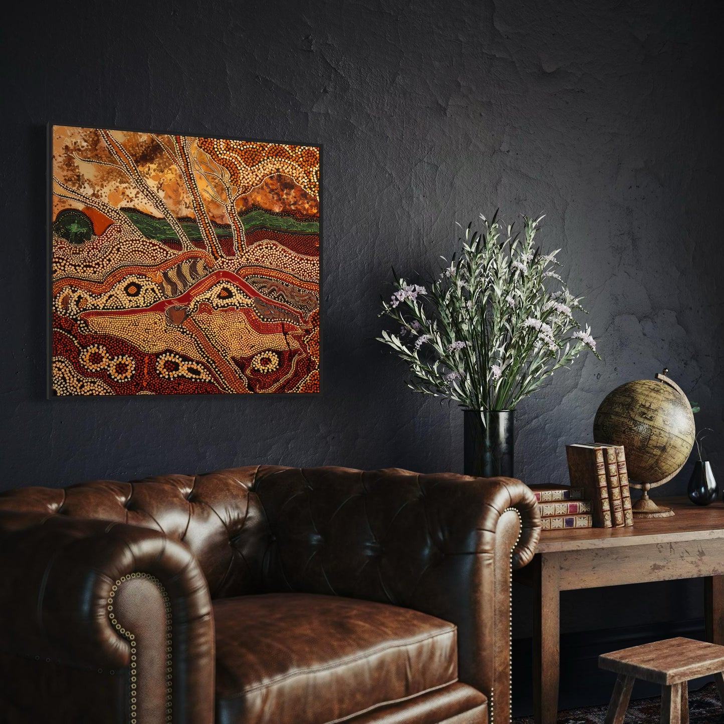 Dreaming Landscape Aboriginal dot painting printable in earthy tones framed on dark wall above leather sofa beside vintage books and globe decor