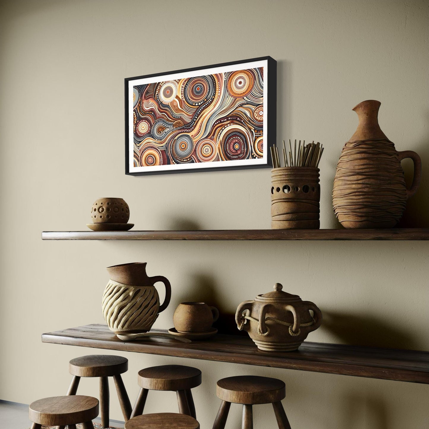 Walu Wirin Aboriginal dot painting printable framed above wooden shelves with rustic pottery, earthy decor, and natural tones on a beige wall.