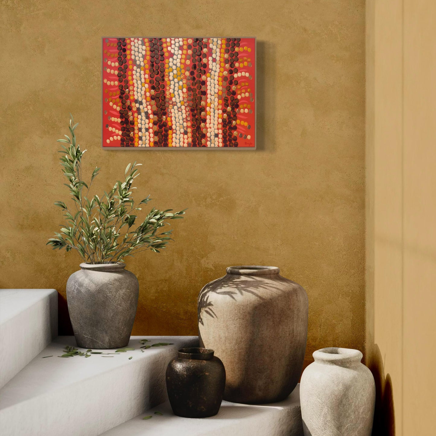 Horizontal Aboriginal dot painting in warm reds, browns, and creams, showcased above white stone steps with rustic clay vases and olive branches against a textured beige wall.