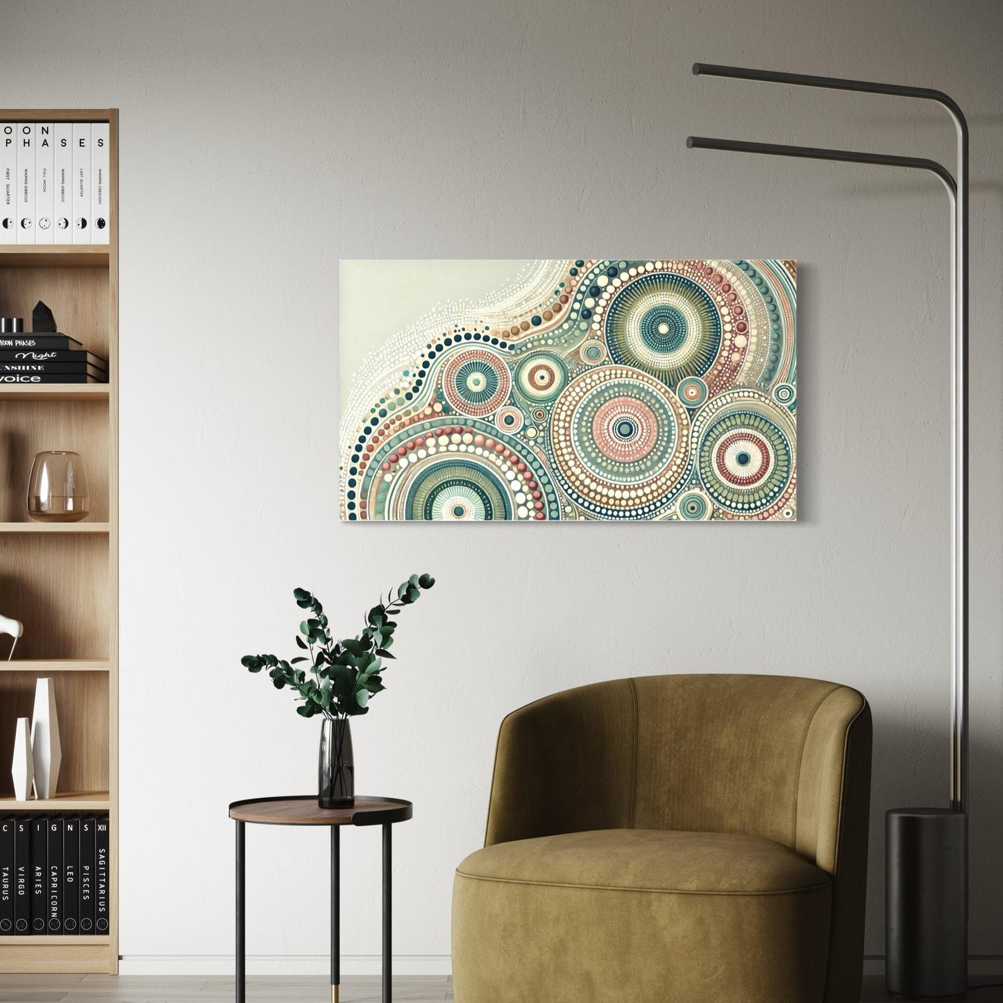 Yirrarn Aboriginal dot painting printable in pastel earth tones displayed on light wall above green armchair with bookshelf and modern decor