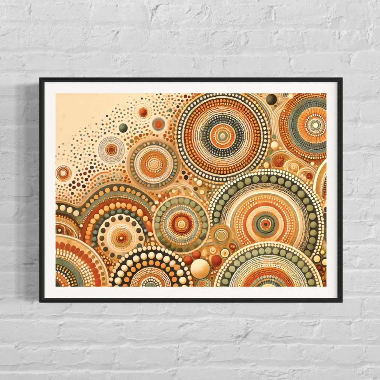 Pirlirrpa Aboriginal dot painting printable in earthy tones with circular patterns, framed square wall art displayed on white brick background