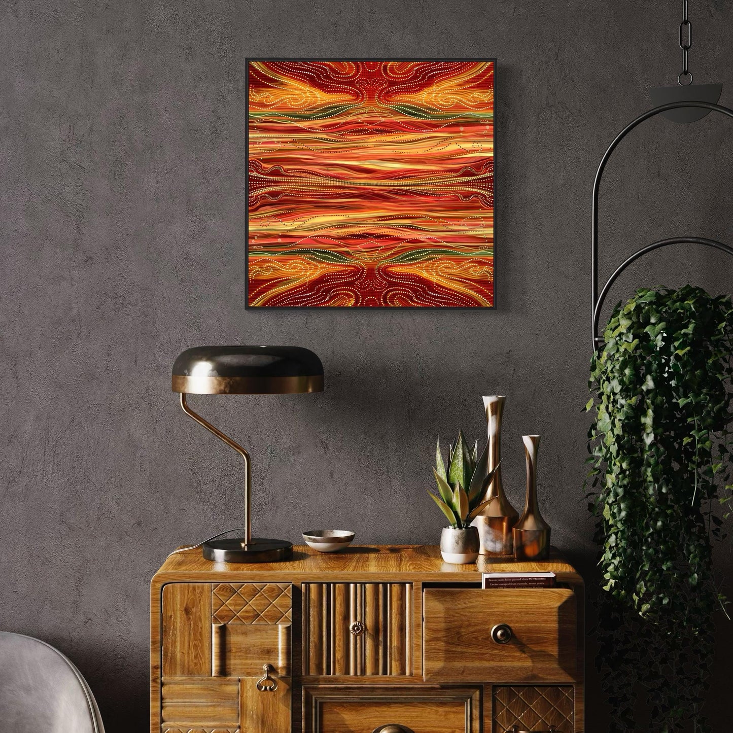Yurala Flames Aboriginal dot painting printable framed on a charcoal grey wall above a carved wooden cabinet with brass lamp, ceramic vases, and cascading greenery.