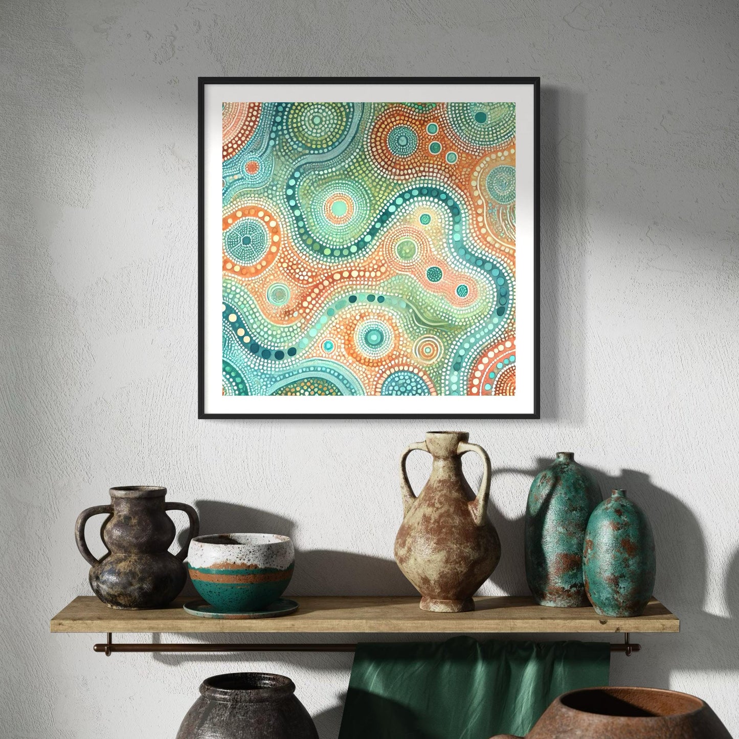 Ngapa Kuruwali Aboriginal dot painting printable framed on textured wall above rustic pottery shelf with earthenware vases and bowls