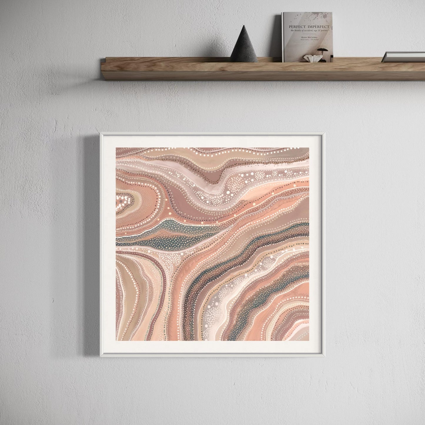 Marrinpa Aboriginal dot painting printable in earthy neutrals, framed square art displayed beneath wooden shelf with minimal decor
