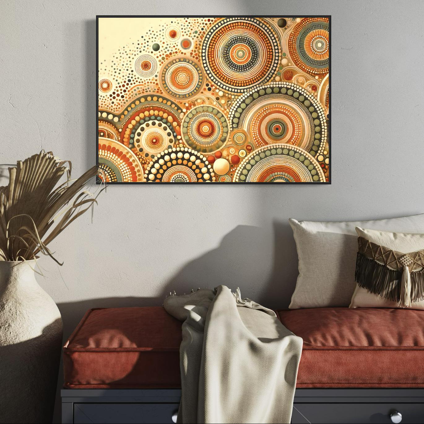Pirlirrpa Aboriginal dot painting printable in earthy tones framed on light wall above terracotta bench seat with cushions and textured vase