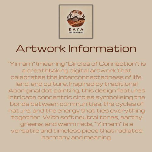 Yirrarn Aboriginal dot painting artwork information sheet with Kaya Art Printables logo and description of the circles of connection meaning