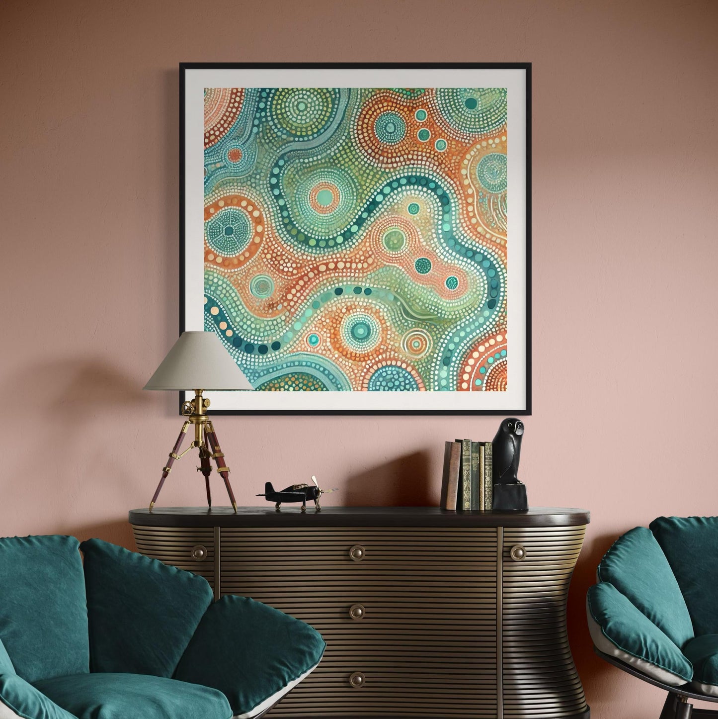 Ngapa Kuruwali Aboriginal dot painting printable framed on soft pink wall above vintage console with teal velvet chairs and modern decor