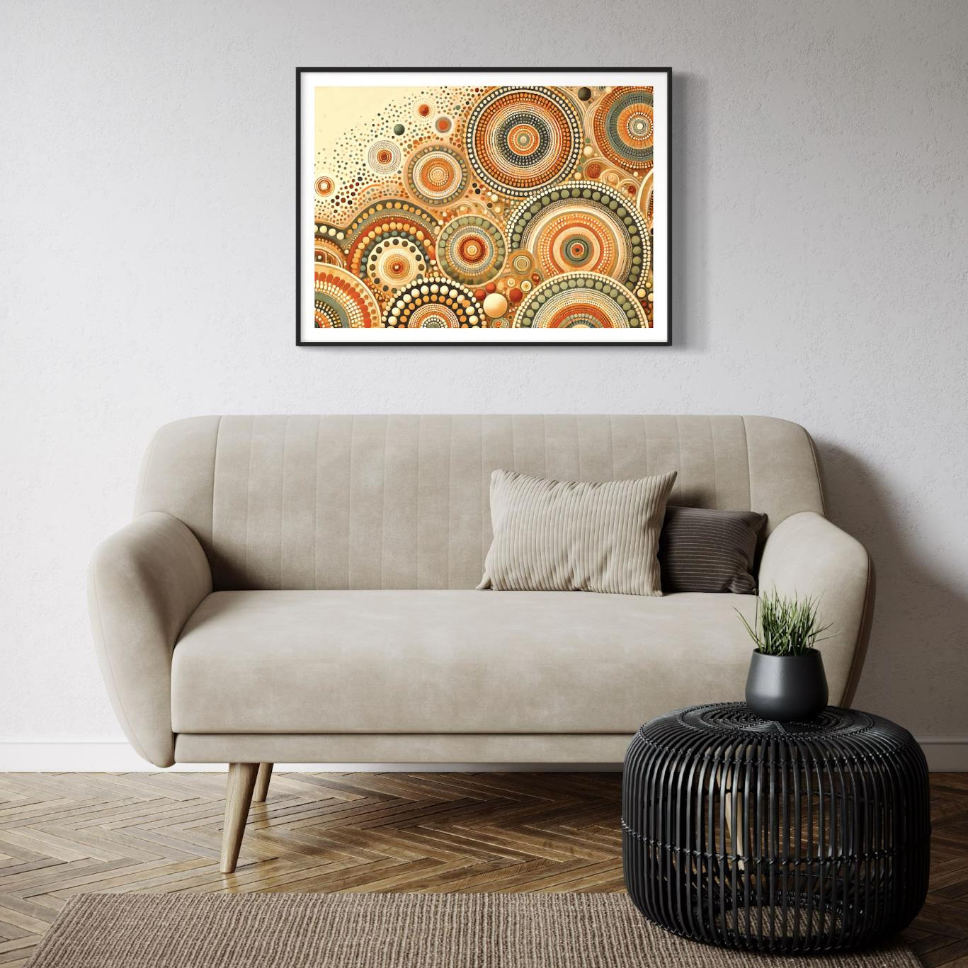 Pirlirrpa Aboriginal dot painting printable in earthy tones framed on light wall above beige sofa with black woven coffee table and cushions