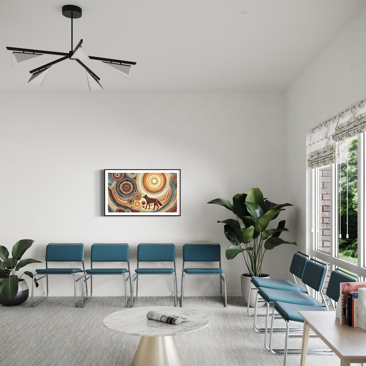 Dharra Dingo Aboriginal dot painting print in earthy tones, displayed above teal chairs in a modern waiting room with plants