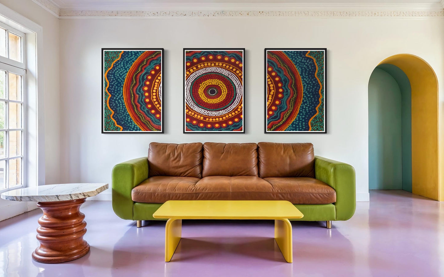 Aboriginal Dot Painting Downloadable Print – Yarrila Radiance Triptych (Sunlight Story) | Modern Wall Decor | Multi-Ratio Vertical Art