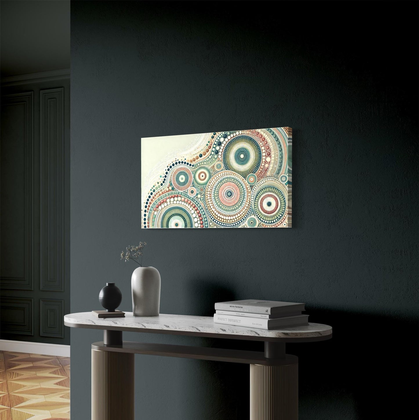 Yirrarn Aboriginal dot painting printable in pastel earth tones, unframed on dark feature wall above modern marble console table