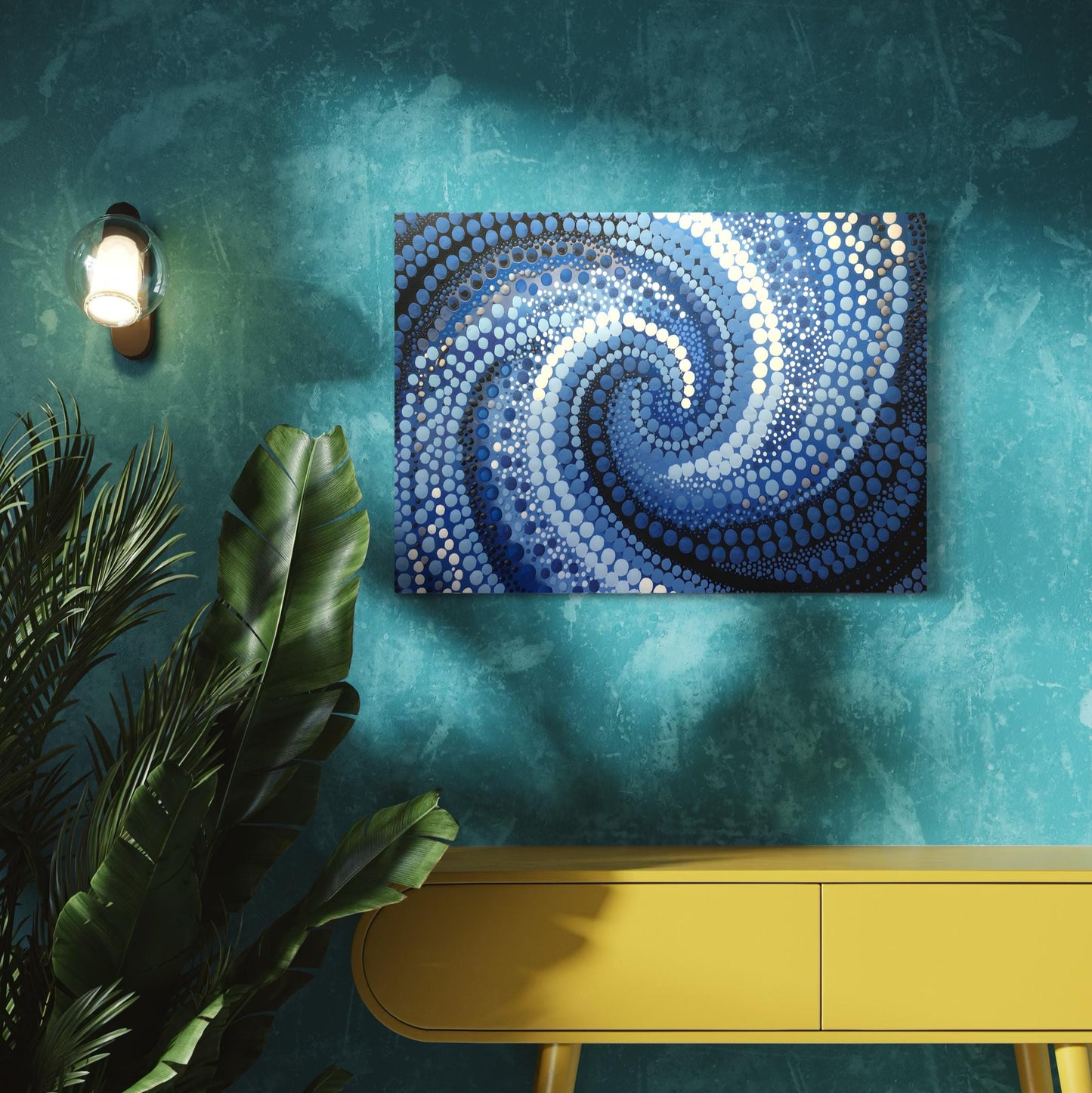 Garran Wurali Aboriginal dot painting printable in ocean blues displayed on teal textured wall above yellow console with tropical plant decor