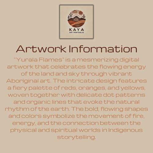 Yurala Flames Aboriginal dot painting artwork information card with description of the fiery, flowing digital design and cultural symbolism