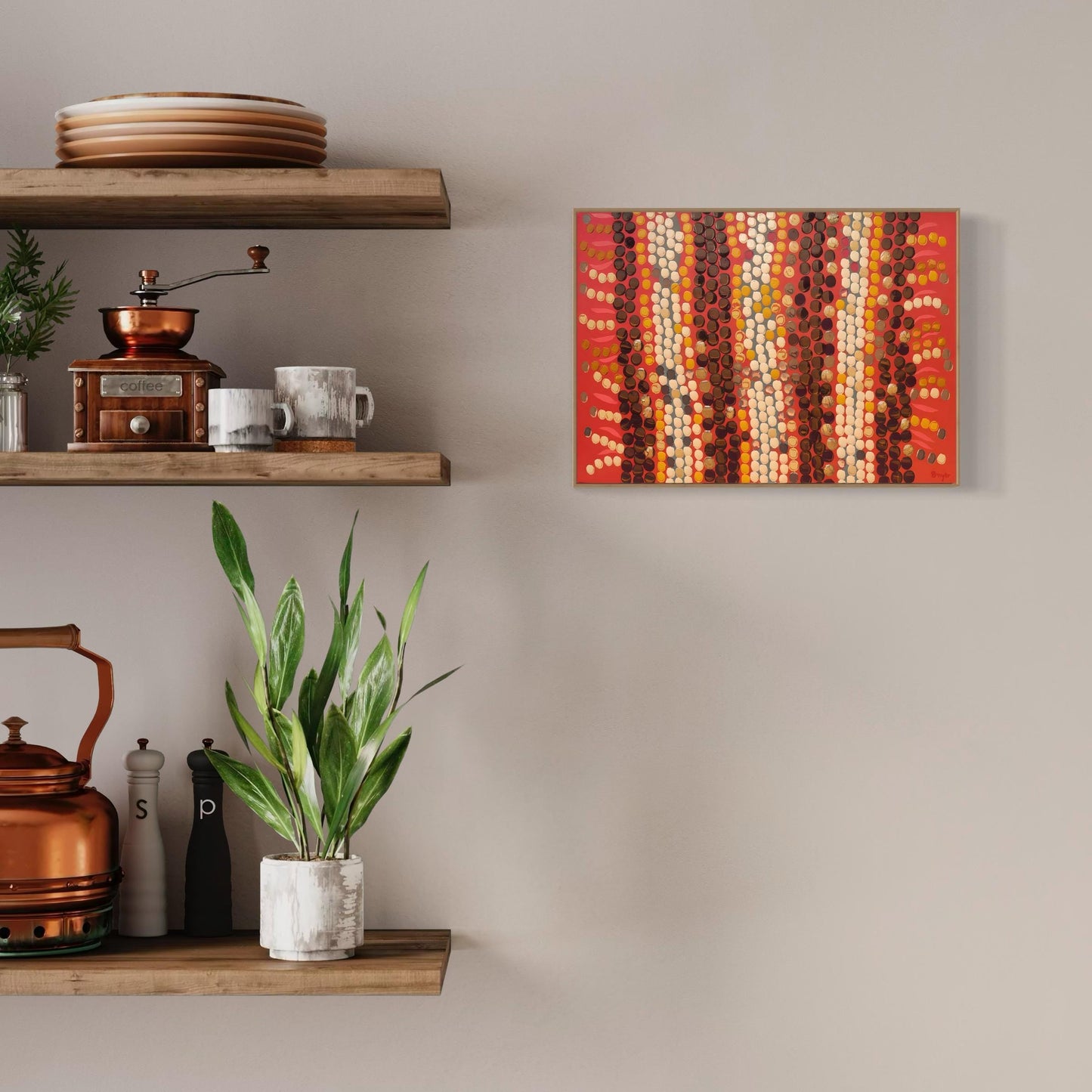 Horizontal Aboriginal dot painting in earthy reds, browns, and creams, displayed in a cozy kitchen nook with wooden shelves holding vintage coffee accessories, pottery, and greenery.