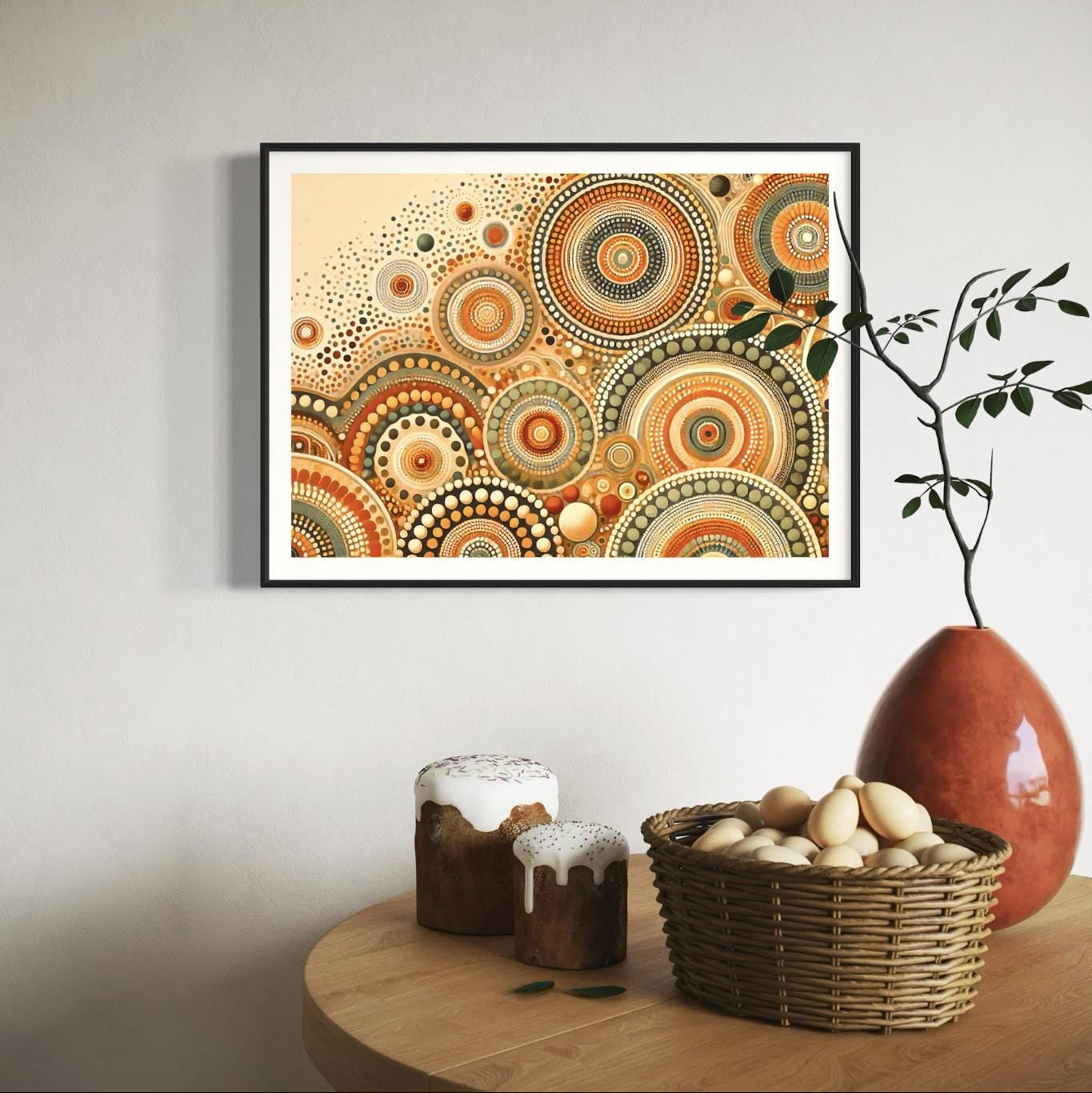 Pirlirrpa Aboriginal dot painting printable in earthy tones framed on light wall above wooden table with basket, vase, and baked goods decor