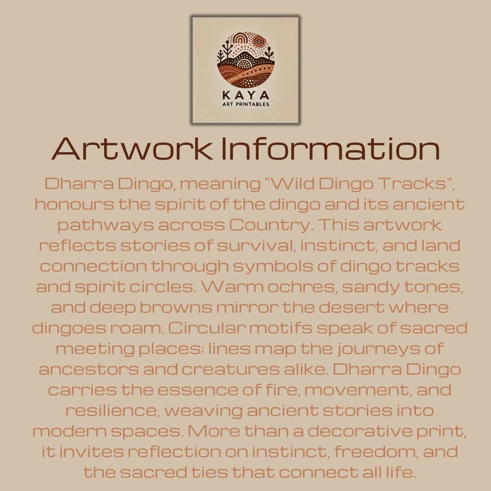 Dharra Dingo Aboriginal dot painting artwork information sheet with Kaya Art Printables logo and description of dingo tracks and spirit paths.