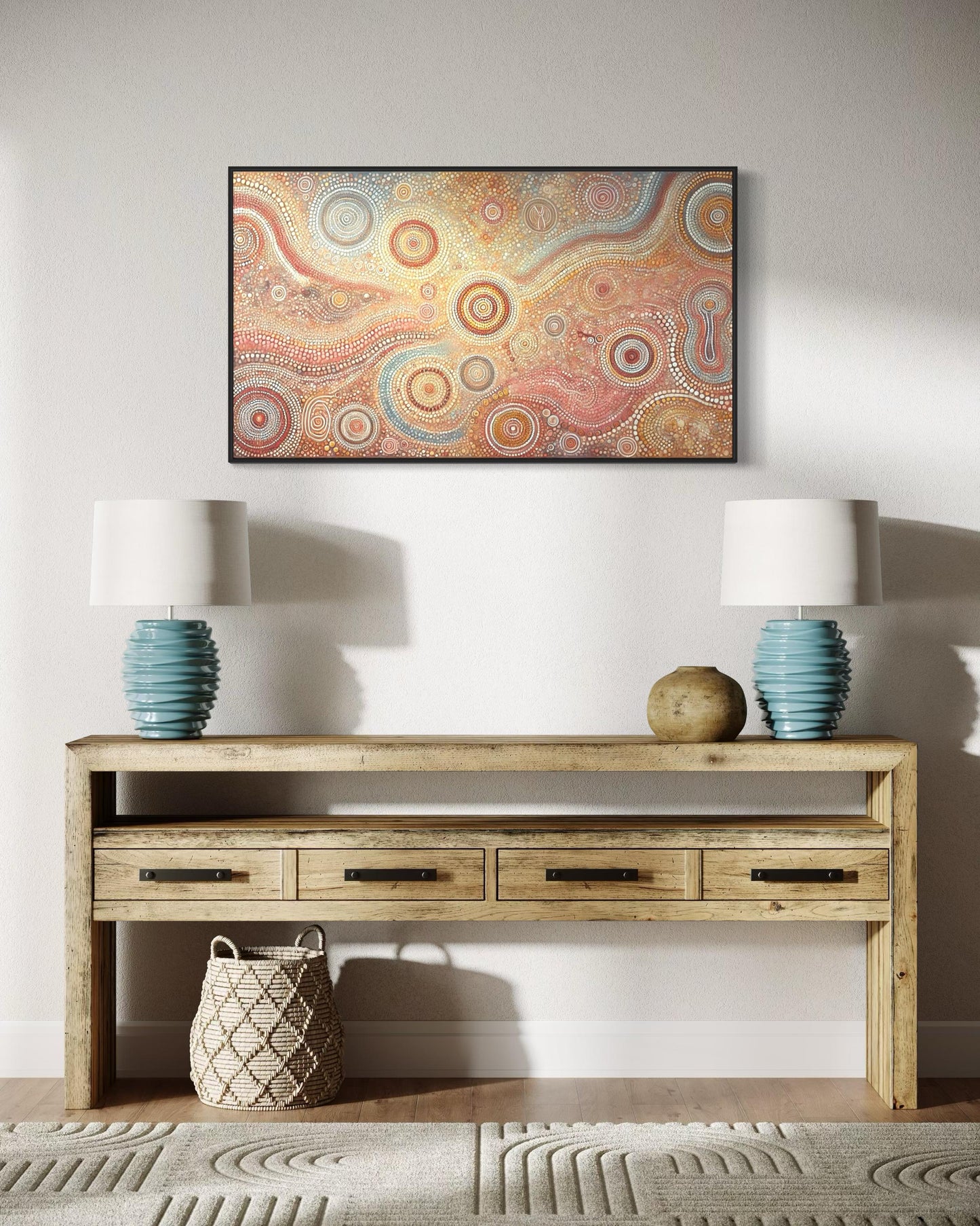 Aboriginal Dot Painting Downloadable Print – Warlu Jukurrpa | Sacred Dreaming Paths Wall Art (Multi-Ratio Horizontal Format)