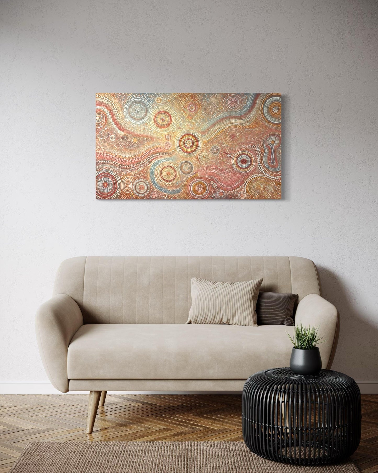 Aboriginal Dot Painting Downloadable Print – Warlu Jukurrpa | Sacred Dreaming Paths Wall Art (Multi-Ratio Horizontal Format)