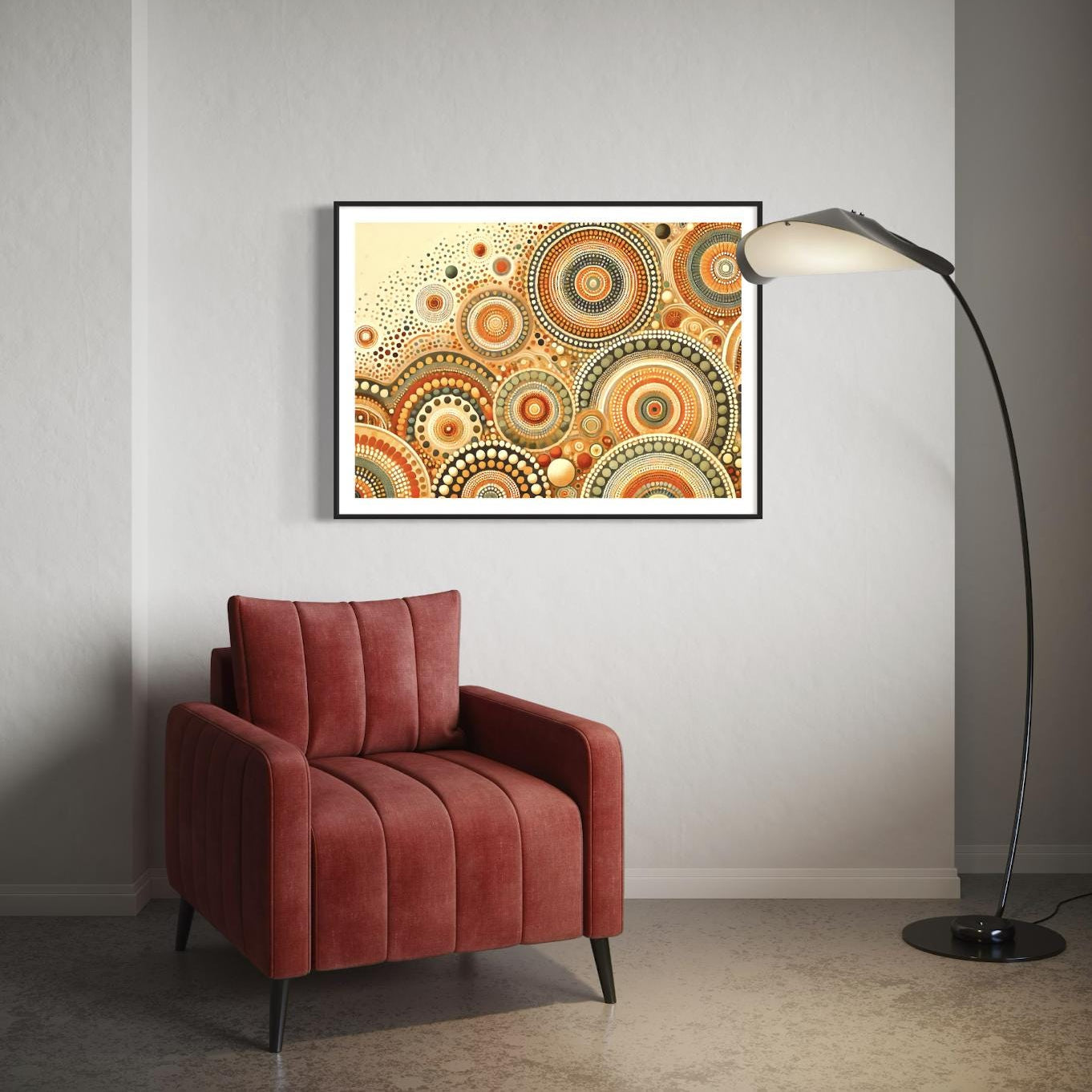 Pirlirrpa Aboriginal dot painting printable in earthy tones framed on light wall above terracotta armchair with black floor lamp decor