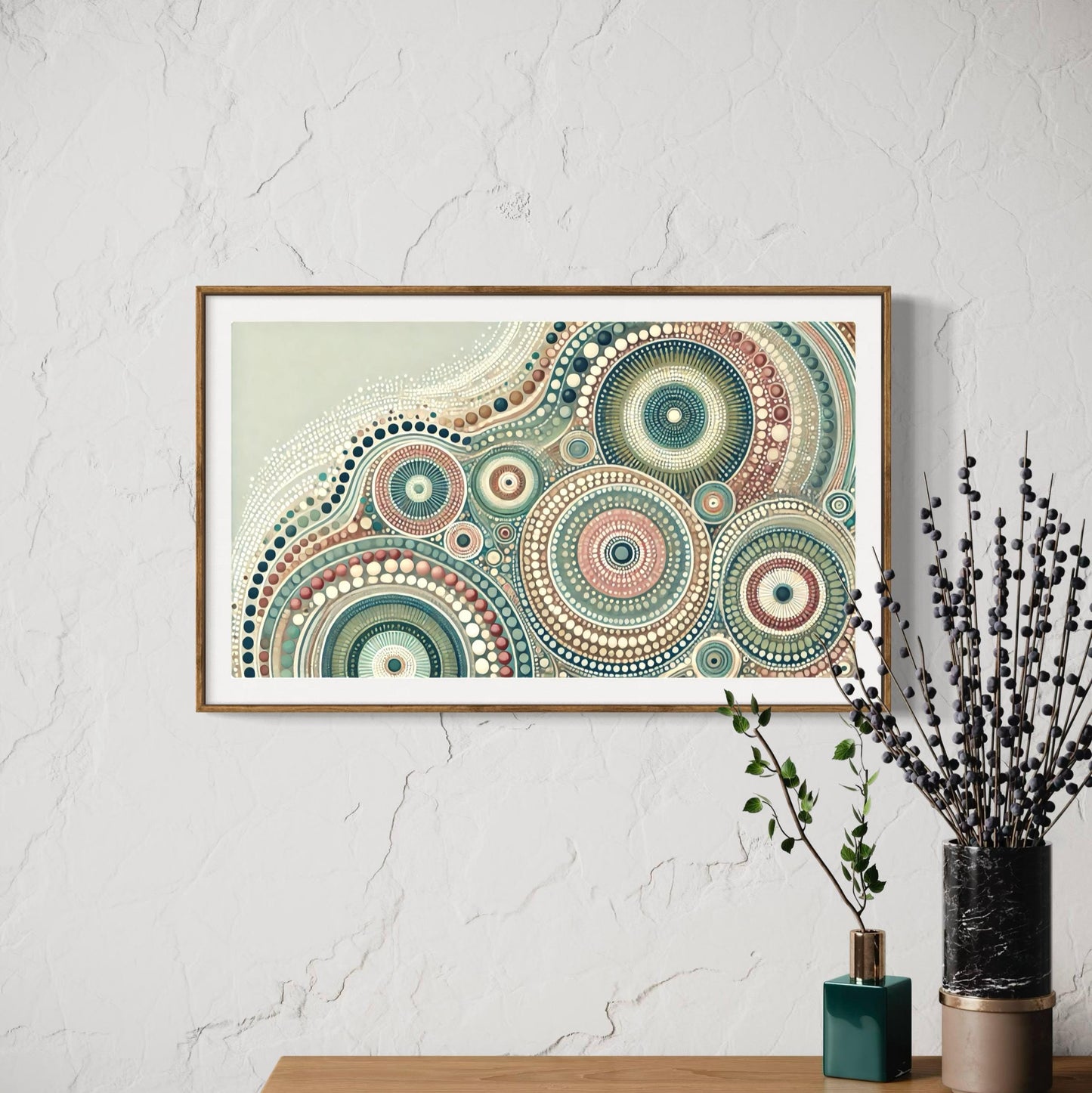 Yirrarn Aboriginal dot painting printable in pastel earth tones, framed on textured wall with modern vases and botanical decor