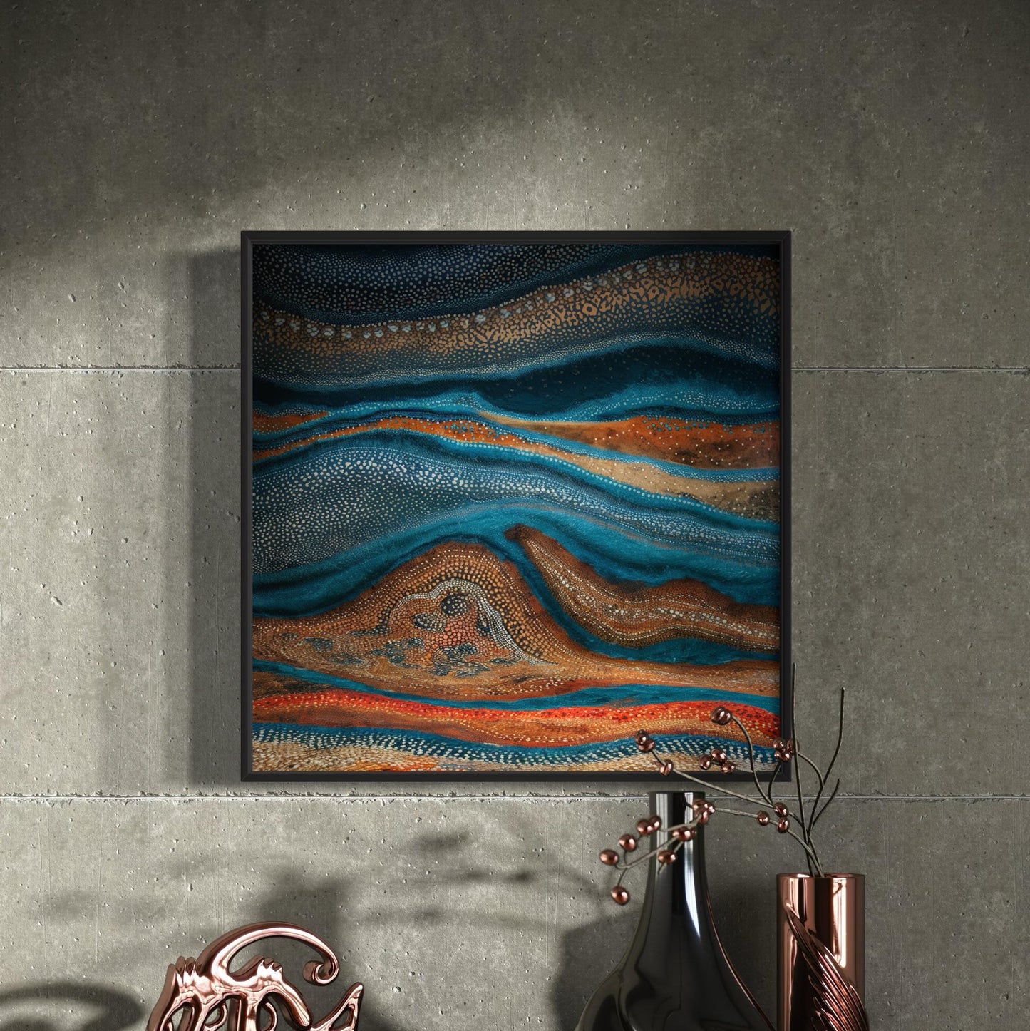 Karli Flow Aboriginal dot painting printable framed in black, showcased against a textured grey concrete wall with sculptural black and copper vases, modern decor, and soft shadowing.