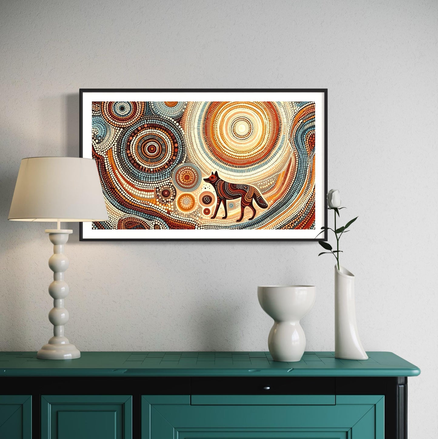 Dharra Dingo Aboriginal dot painting in earthy colours, framed above a teal sideboard with a white lamp and ceramic vases.