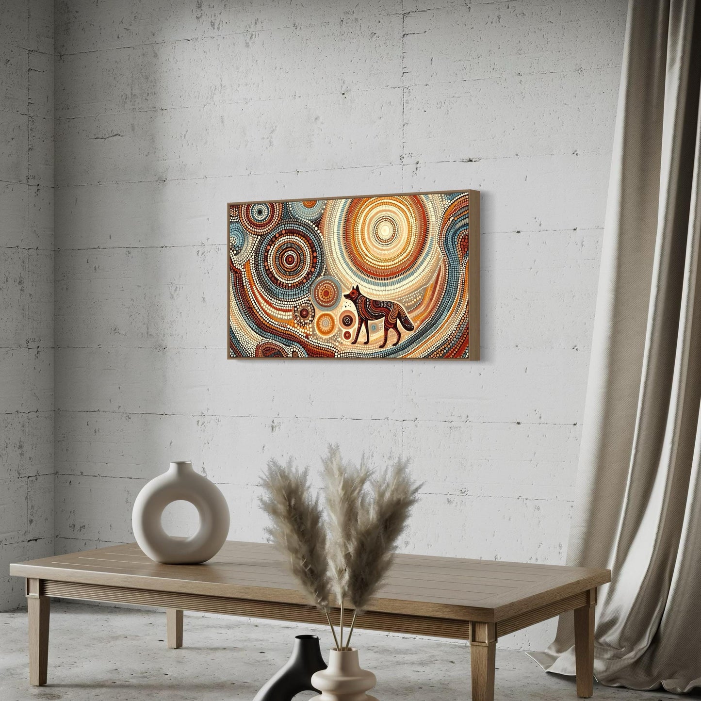 Dharra Dingo Aboriginal dot painting print in earthy tones, framed above a wooden coffee table with vases and pampas grass.