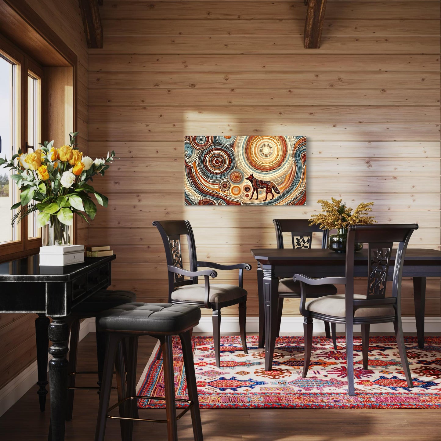 Dharra Dingo Aboriginal dot painting print in ochres and browns, framed above a black dining table with timber-panelled walls.