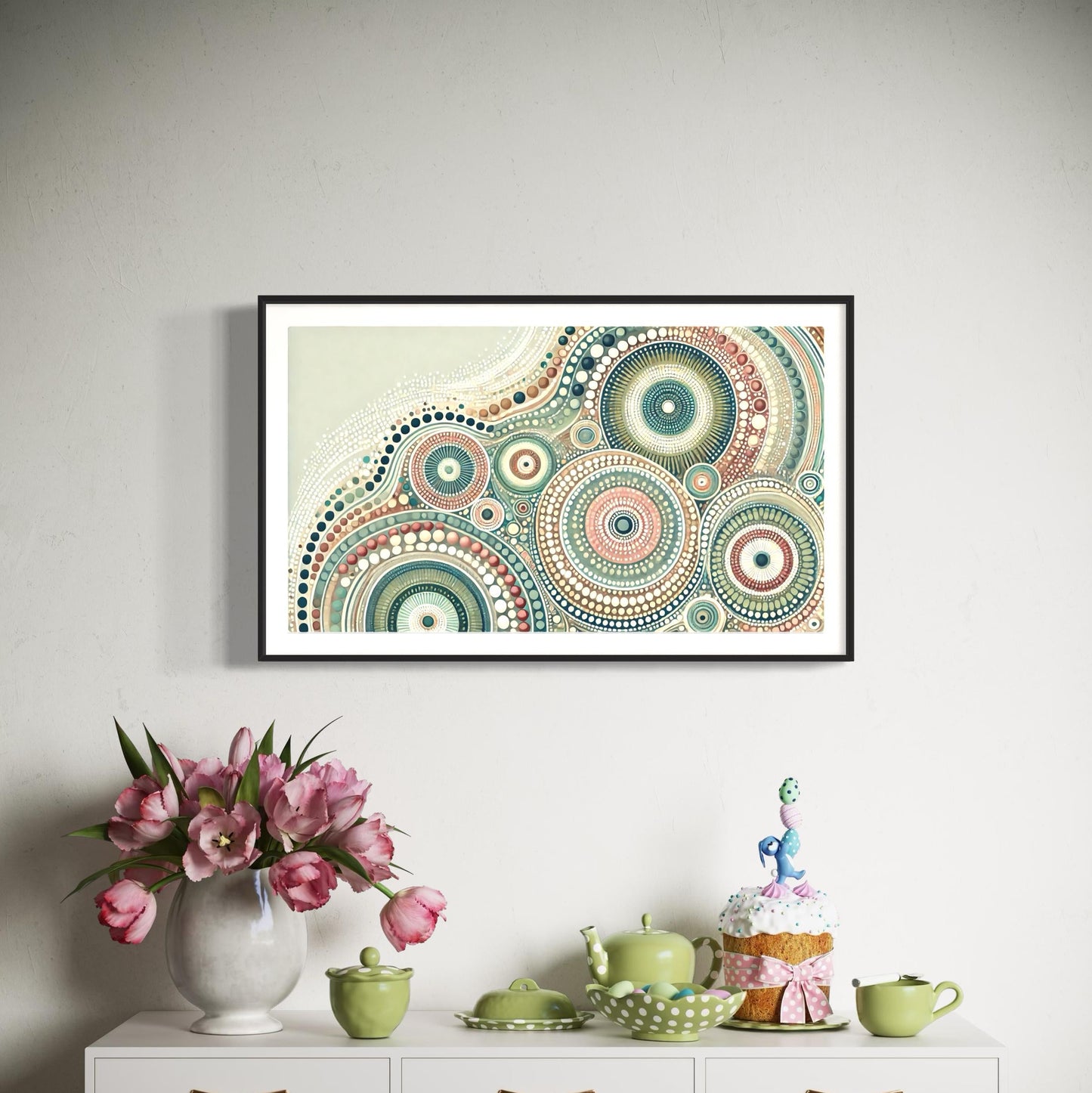 Yirrarn Aboriginal dot painting printable in pastel earth tones, framed above white dresser with pink tulips and green tea set decor