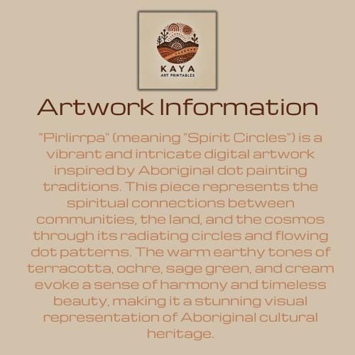 Pirlirrpa Aboriginal dot painting artwork information sheet with Kaya Art Printables logo and spirit circles cultural description