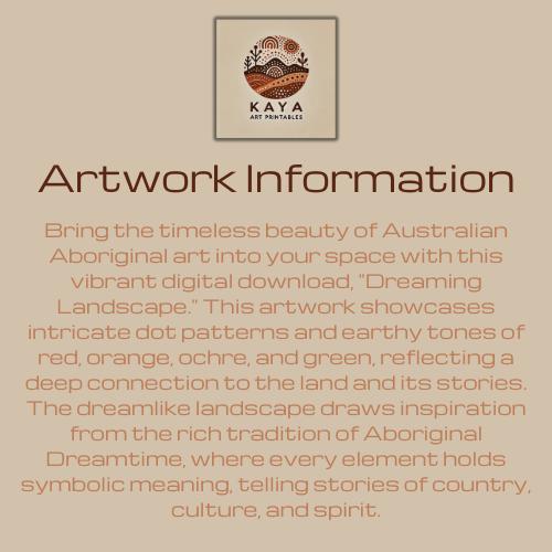 Dreaming Landscape Aboriginal dot painting description with Kaya Art Printables logo, detailing cultural inspiration and earthy color palette