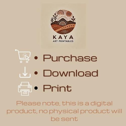 Kaya Art Printables digital product guide with purchase, download, print icons and note stating no physical product will be sent