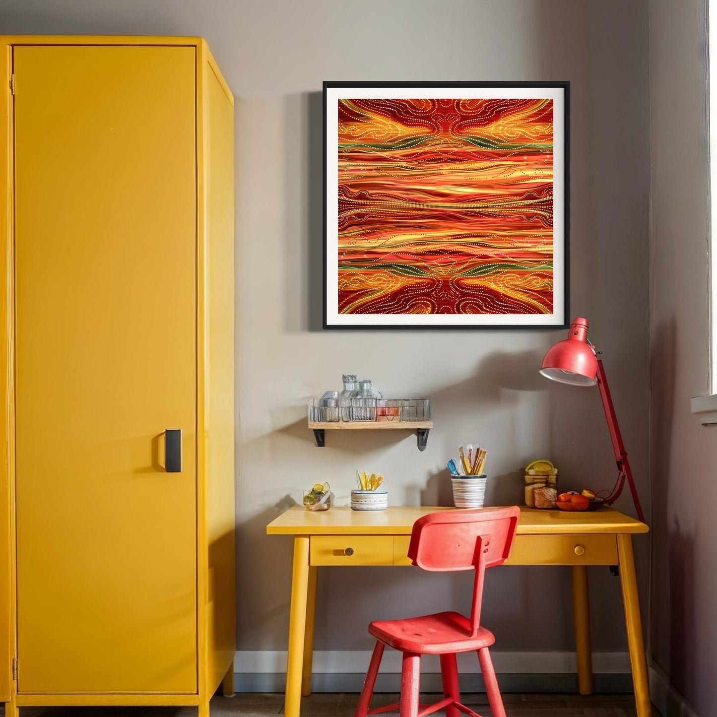 Yurala Flames Aboriginal dot painting printable in warm reds and ochres, framed square artwork above a yellow desk with a red lamp and chair in a cozy workspace.
